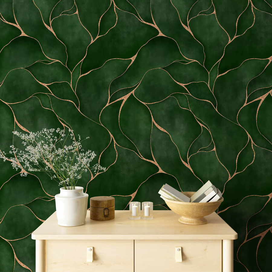 Pixel&Wall Tapetenwandbild mit grünen Aquarellblättern und gelber Linie, modernes florales Design als selbstklebende Tapetenrolle - Bild 3
