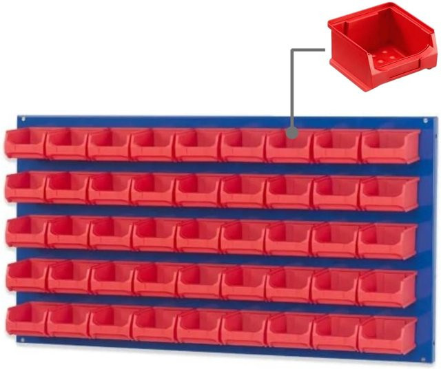 PROREGAL Trägersystem mit blauer Systemplatte und 45 roten Sichtlagerboxen, H x B: 50 x 100 cm - Bild 1