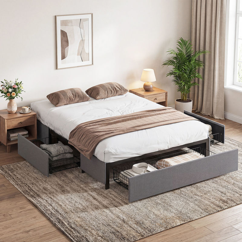 HOMCOM Doppelbett mit Lattenrost und 3 Schubladen in Grau, B/T/H: 140 x 190 cm - Bild 2