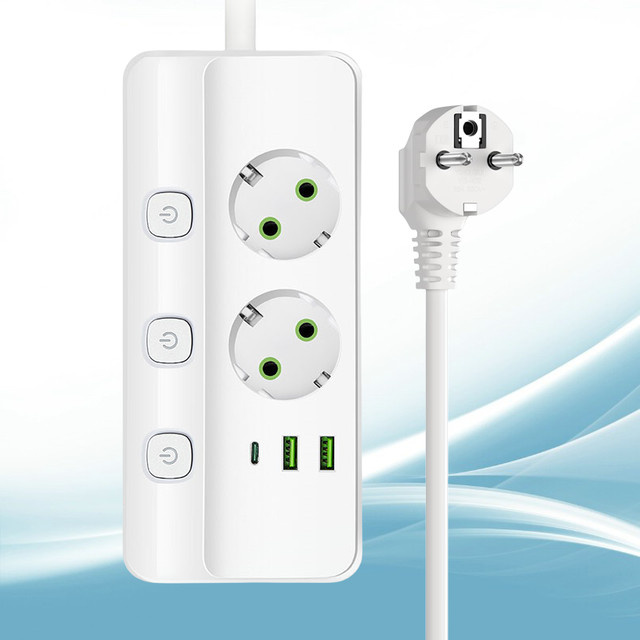 Weißes 2-m-Verlängerungskabel mit EU-Stecker, Standardsteckdose, USB-A und USB-C Ladeanschlüssen sowie unabhängigen LED-Schaltern, 2500 W Nennleistung - Bild 1
