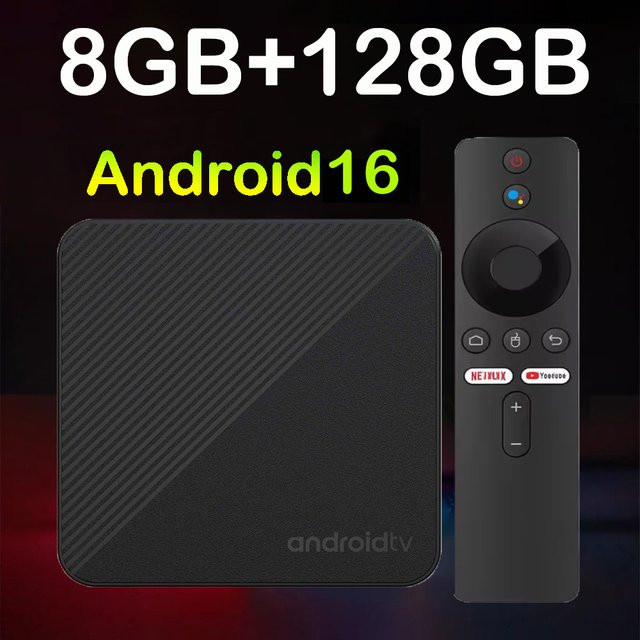 Android Smart TV Box T8 Media Streamer mit Android 16, RK3518, 8GB RAM, 128GB Speicher, Dual Wifi 6, Bluetooth 6.0 und Google Assistant Sprachfernbedienung, Schwarz - Bild 1
