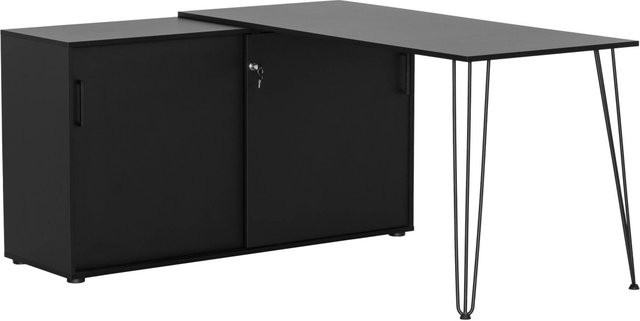 PROREGAL Eckschreibtisch Zebra mit Aktenschrank in Schwarz, H 74 cm x B 129,5 cm x T 145 cm - Bild 1