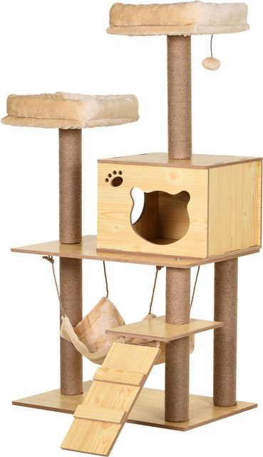 PawHut Zeitgemäßer Katzenbaum in Beige mit Höhle, Hängematte und integriertem Spielzeug aus Natur-Sisal und Holz von Aosom - Bild 1