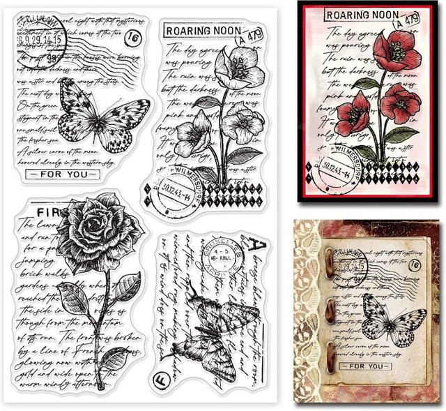 Vintage Floral Silikonstempel mit Schmetterling und Rose für Scrapbook und Journal, transparent - Bild 1