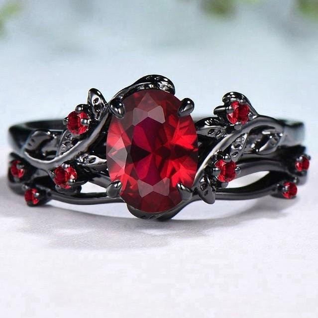 YIRAN Ring, Blume, Roter Stein, Schwarz, Damen - Bild 1
