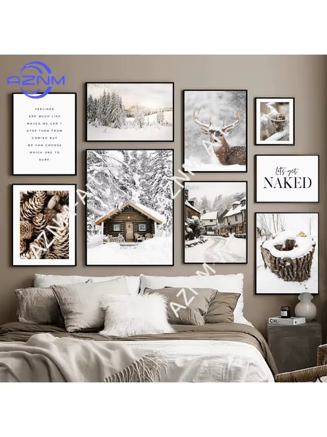 AZNM Leinwandgemälde im minimalistischen nordischen Stil mit Hirsch und Winterlandschaft, Mehrfarbig - Bild 4