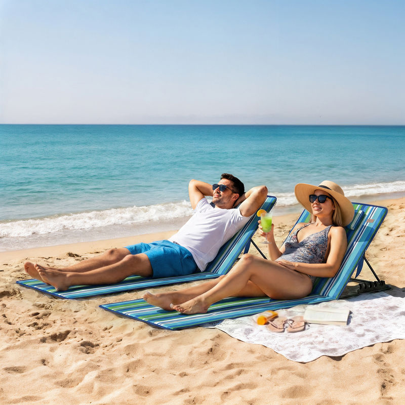 2er Set Outsunny Strandmatten mit verstellbarer Rückenlehne und Kopfkissen, klappbare Sonnenliegen aus 600D Oxford-Stoff und Stahlrahmen, Blau-Grün-Weiß - Bild 2