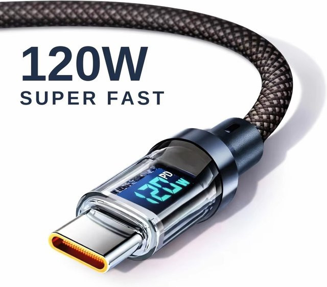 120W USB-C Ladekabel mit LED Digitalanzeige und Nylon-Geflecht in Schwarz für Samsung Xiaomi Huawei - Bild 1