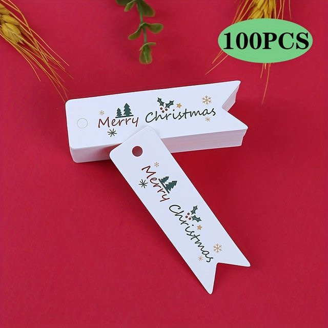 100 Stück Weihnachtsgeschenkanhänger aus Papier in Weiß mit Frohe Weihnachten-Text für deine Geschenke und Partydekorationen - Bild 1