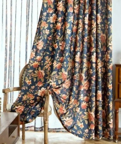 ZJBYZHOUSEHOLD Vorhang mit Blumenmuster im Retro-Stil aus Baumwolle und Leinen, Blau, semi-transparent - Bild 1