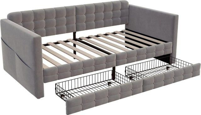 Merax Schlafsofa mit Karomuster und Stauraum in Grau, Samt, B/T/H: 90 x 190 x 78,5 cm - Bild 1