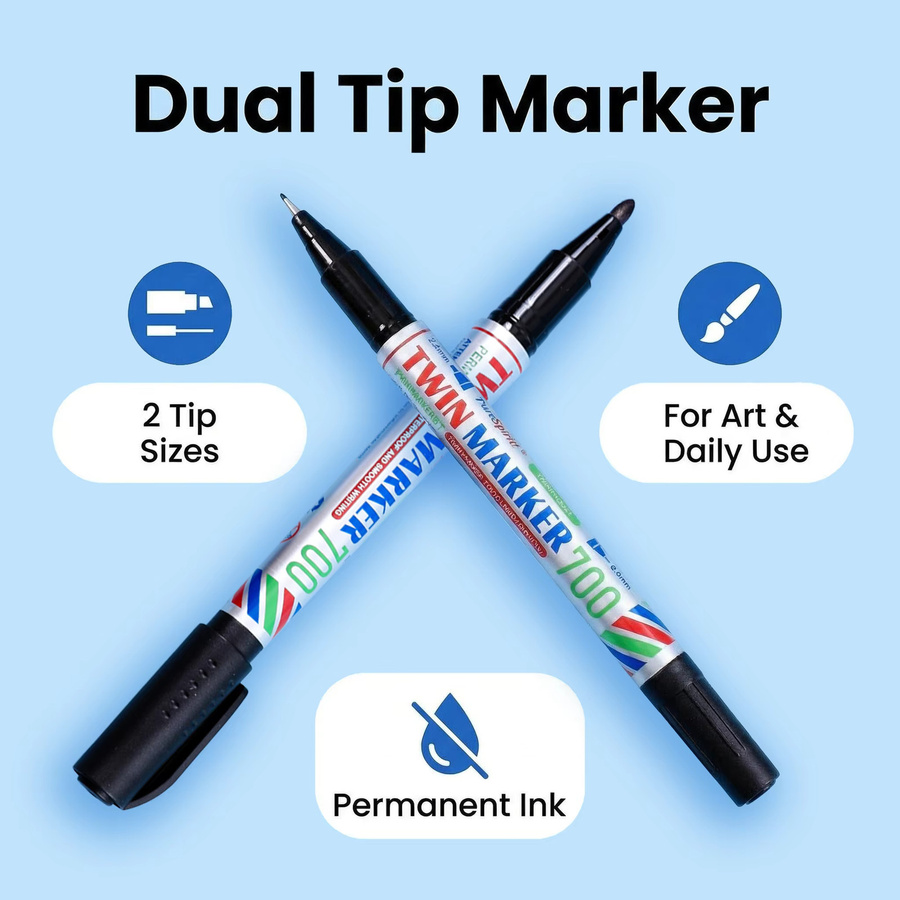10 Stück Permanentmarker von purespirit mit Doppelspitze 0,9/2,0mm, wasserfeste Zeichenmarker in Schwarz und Multicolour für Büro, Schule und Industrie - Bild 2