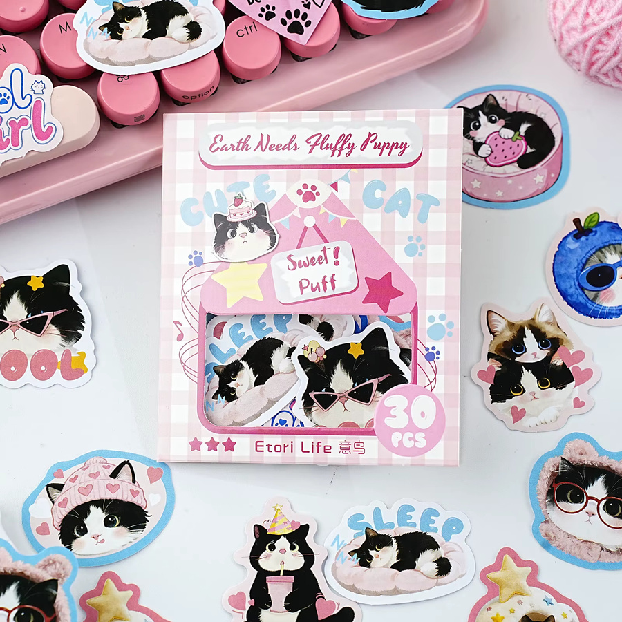 Etori Life Sweet Puff Sticker Set mit niedlichen Cartoon-Katzen in Schwarz, Weiß und Rosa zur Dekoration von Laptop, Handy und Koffer - Bild 3