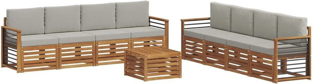 vidaXL Gartenmöbel Set 9-teilig aus Massivholz Akazie in Natur und Hellgrau mit Tisch, Sesseln und Kissen im modernen Latten-Design - Bild 1
