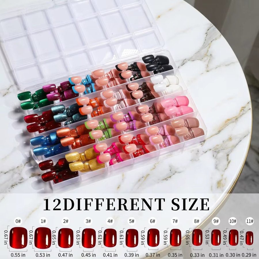 MAFANAILS Press-On-Nägel, 288 Stück, Glänzend, Katzenaugen- & French-Tip-Design, Kurz, Rund - Bild 4