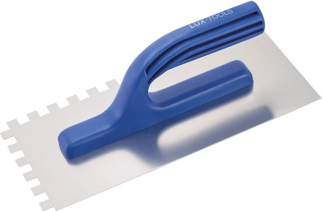 LUX-TOOLS Glättekelle aus Edelstahl in Blau mit 10 mm Zahnung, Breite: 27 cm - Bild 1