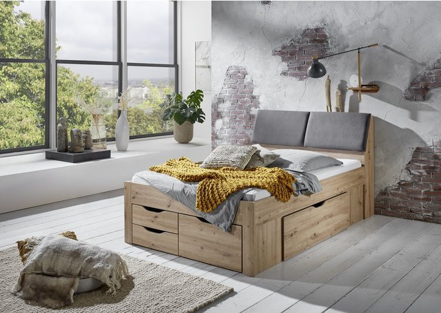 Relita Funktionsbett Maxi mit 5 Bettschubladen und Polster-Kopfteil, Farbe Eiche Artisan, B/T/H: 140 x 200 cm - Bild 1