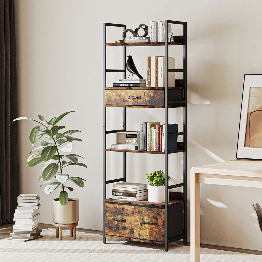 HOMCOM Bücherregal im Industriestil mit 6 Ebenen, 4 Regalfächern und 3 faltbaren Stoffschubladen, Metallgestell und MDF, Farbe: Rustikales Braun/Schwarz, B/T/H: 60 x 30 x 176 cm - Bild 2