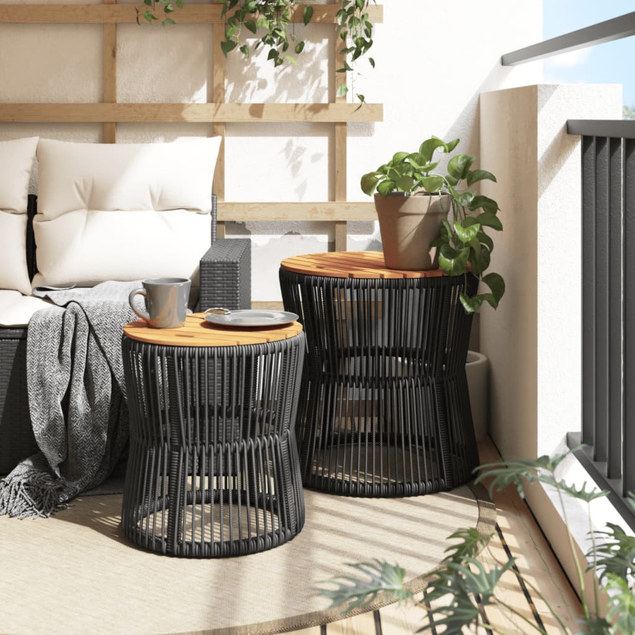 vidaXL Garten-Beistelltische Set aus 2 Stück, Schwarz, Polyrattan und Akazienholz mit runden Platten - Bild 4