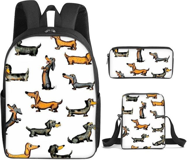 BAOERYE 3-teiliges Schultaschen-Set mit Dackel-Aufdruck bestehend aus Rucksack, Umhängetasche und Federmäppchen in Weiß - Bild 1