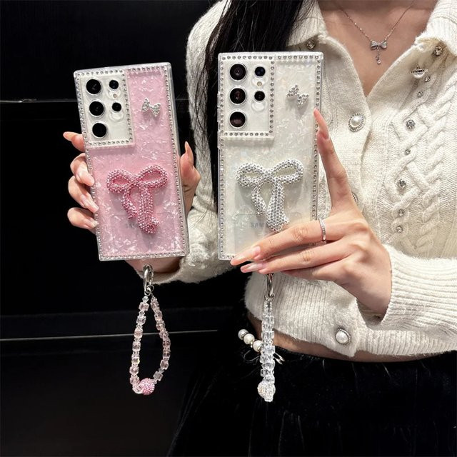 Glitzernde Handyhülle mit Muschelmuster und Schleifen für Samsung Galaxy Modelle in Weiß - Bild 1