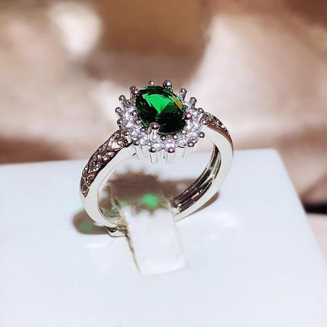 YIRAN Damenring, Kupfer, Silber, Smaragd, Zirkonia, verstellbar - Bild 1
