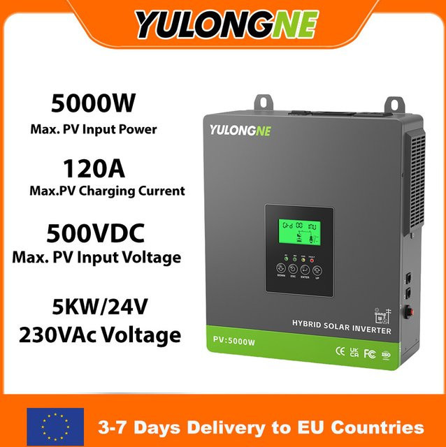 YULONGNE Off-Grid Hybrid-Solarwechselrichter 3300W 24VDC 230VAC mit 120A MPPT Solarladeregler, max. 5000W PV-Leistung, grau - Bild 1
