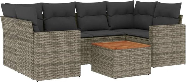 vidaXL 7-tlg. Garten-Sofagarnitur in L-Form aus Poly-Rattan und Akazienholz in Grau mit Kissen - Bild 1