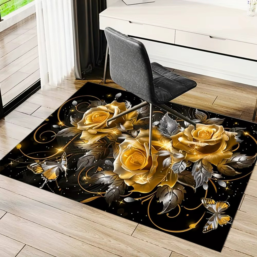 VIKAMA Teppich mit goldenem Rosenmuster, rutschfest und waschbar, ideal für Wohnzimmer, Schlafzimmer oder als Kinderspielmatte für drinnen und draußen - Bild 4