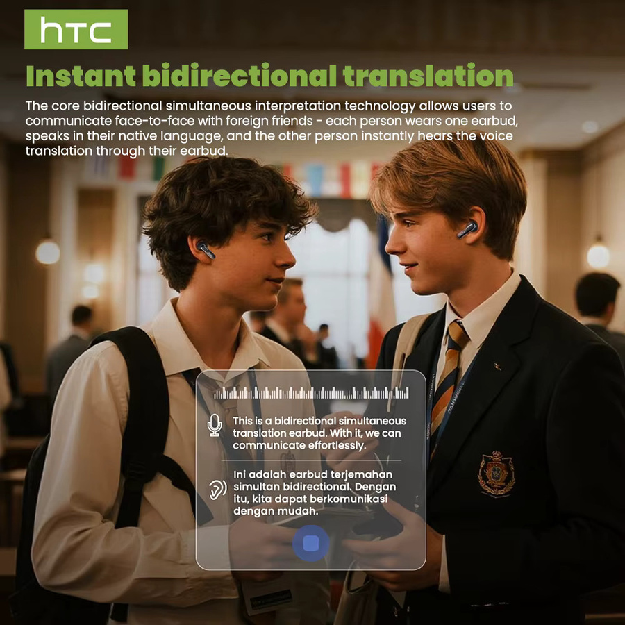 HTC NE60 AI Translator Wireless Earbuds Bluetooth In-Ear-Kopfhörer mit Geräuschunterdrückung und Mikrofon, Schwarz, IPX5 wasserdicht - Bild 6