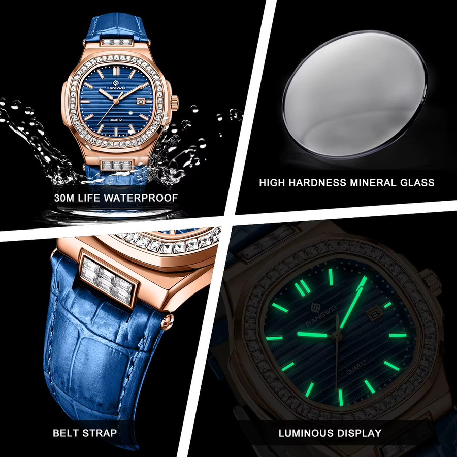 BANGWEI Chronograph Armbanduhr, Leder, Quarz, Eckig, Damen, Blau, Roségold - Bild 6