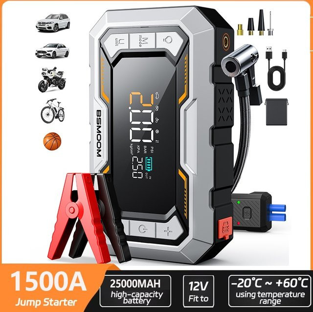 BSMOOM 2-in-1 Starthilfegerät mit Luftkompressor, 25000mAh Powerbank und 1500A Autobatterie-Booster für Benzin- und Dieselmotoren bis 10L, 160 PSI Luftpumpe mit LCD-Anzeige - Bild 1