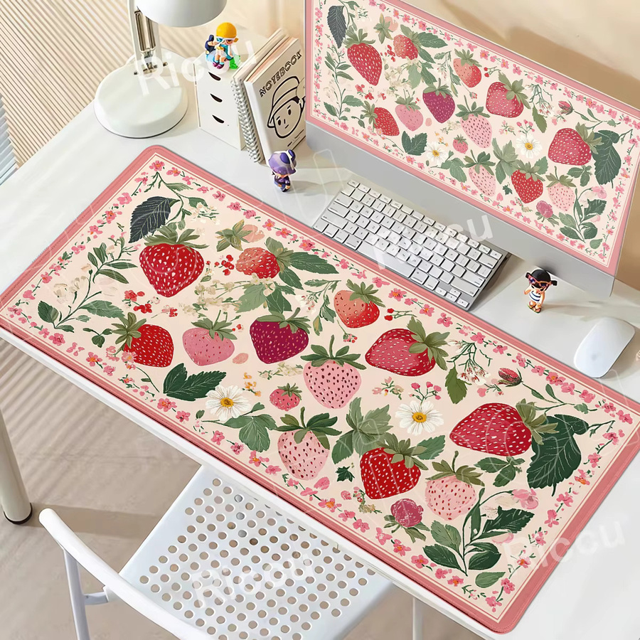 Riccu Schreibtischunterlage mit Blumen-Erdbeer-Design in Rot und Multicolour, rutschfestes Mauspad und Tastaturmatte aus Gummi - Bild 2