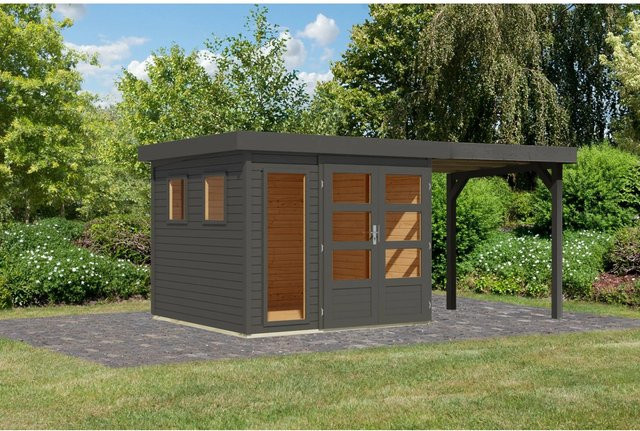Karibu Gartenhaus Maradi 3,5 mit Anbaudach aus Massivholz Fichte in Terragrau, B/T/H: 211 x 238 x 242 cm - Bild 1