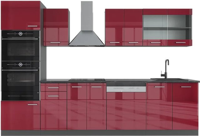 Vicco R-Line Küchenzeile Bordeaux Hochglanz und Anthrazit mit Hochschrank Breite: 300 cm, Höhe: 207 cm, Tiefe: 60 cm - Bild 1