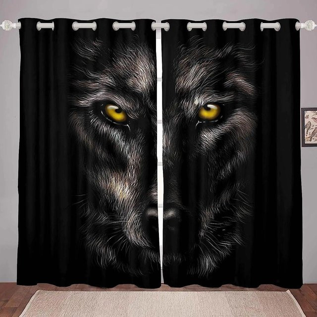 A Family Of Home Textiles 3D Wolf Vorhang mit Mond Motiv, 2er Set transparente Vorhänge aus Polyester in Schwarz, Breite: 50 cm, Höhe: 130 cm - Bild 1