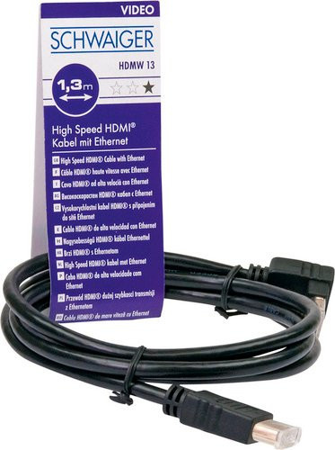 Schwaiger HDMI Anschlusskabel mit 90 Grad Winkel, vergoldet, Schwarz/Gold, Länge: 1,3 m - Bild 1