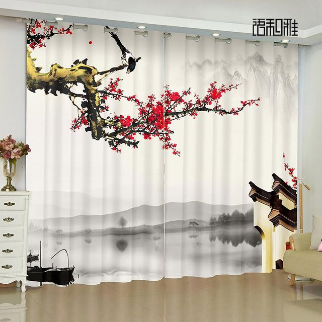 Zweiteiliger Fenstervorhang mit chinesischer Antik-Mauer-Landschaftsmalerei, halbtransparentes Design für Wohnzimmer und Balkon, Mehrfarbig, Breite: 100 cm, Höhe: 130 cm - Bild 1