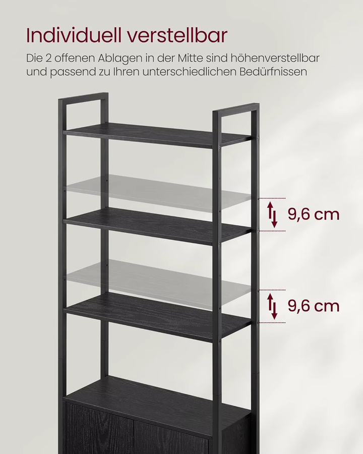 VASAGLE Bücherregal im Industrial Design mit 6 Ebenen, Metallrahmen und Türen, Schwarz Matt, B: 60 cm, T: 24 cm, H: 159,5 cm - Bild 4