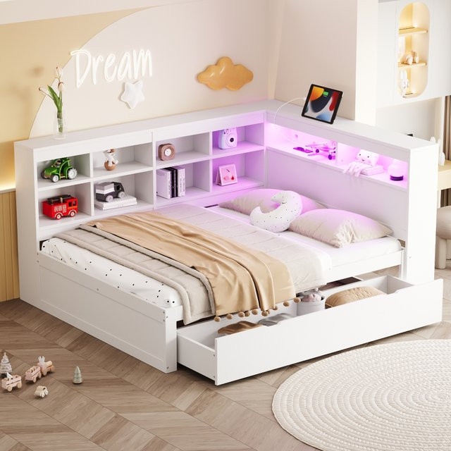 Modernes Massivholz-Doppelbett in Weiß mit USB-Ladeport, LED-Lichtleiste und Ablagefächern, B/T: 200 x 140 cm - Bild 1