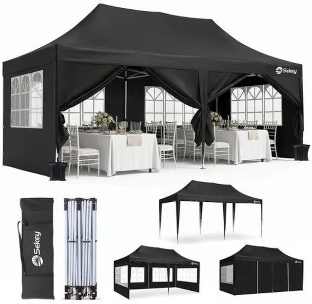 Sekey Faltpavillon aus Oxford-Gewebe mit 4 Seitenteilen und 2 Eingängen, Farbe: Taupe/Schwarz, B/T/H: 600 x 300 x 250 cm - Bild 1