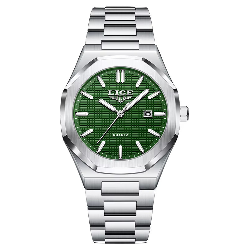 LIGE Armbanduhr Edelstahl, Quarz, Eckig, Silber, Grün, Herren - Bild 7