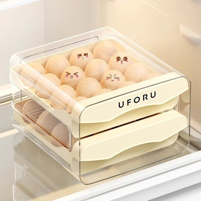 UFORU Ausziehbare Eierbox mit Doppelschicht zur Lebensmittelaufbewahrung, Transparent und Weiß - Bild 1