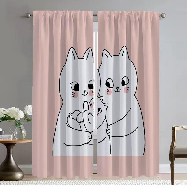 2-teiliges Set Verdunkelungsvorhänge mit Katzen-Motiv für Halloween, modern und halbtransparent, Farbe: Pink, Breite: 50 cm, Höhe: 70 cm pro Paneel - Bild 1