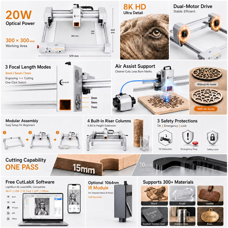 Carverall JL9 20W Lasergravierer und -schneider in Silber mit Doppelmotor-Antrieb, Luftunterstützung und 0,01mm Präzision, Desktop-Lasergraviermaschine mit 3 Fokusmodi und WiFi/App/LightBurn/CutLabX Steuerung, Arbeitsbereich: 30 x 30 cm - Bild 2