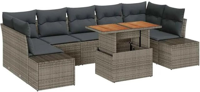 vidaXL 8-teiliges Garten-Sofa-Set aus Poly Rattan in Grau mit Kissen und Tisch in U-Form - Bild 1