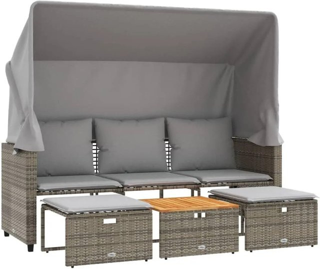 vidaXL Outdoor-Sofa 3-Sitzer mit Dach und Hockern aus grauem Poly-Rattan mit Polstern und Metallgestell - Bild 1