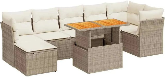 vidaXL 8-teilige Garten-Sofagarnitur in L-Form aus Poly-Rattan und Akazienholz mit beigen Kissen in Beige-Creme - Bild 1