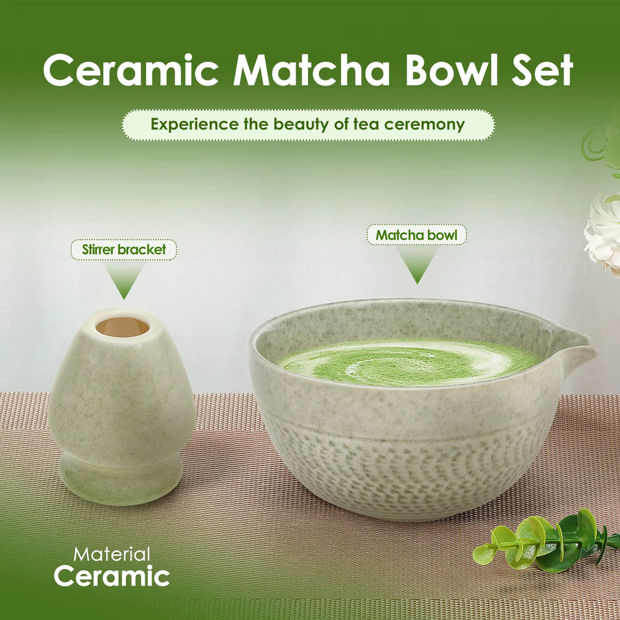 Willstar Matcha-Teeset aus Keramik in Grün mit Matcha-Schüssel und Schneebesenhalter im japanischen Stil - Bild 2