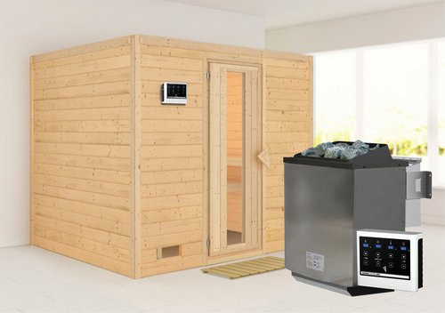 Karibu Sauna Paldiski aus Fichtenholz in Beige für 4 Personen inklusive 9 kW Bio-Kombi-Saunaofen mit externer Steuerung B/T/H: 236 x 184 x 209 cm - Bild 1